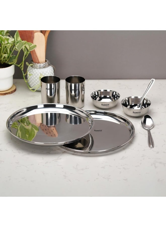 Sumeet Stainless Steel Heavy Gauge Mirror Finish Solid Dinner Set Of 8 Pcs (2 Plate, 2 Bowl/Wati, 2 Glass, 2 Spoon), Silver - Image 1